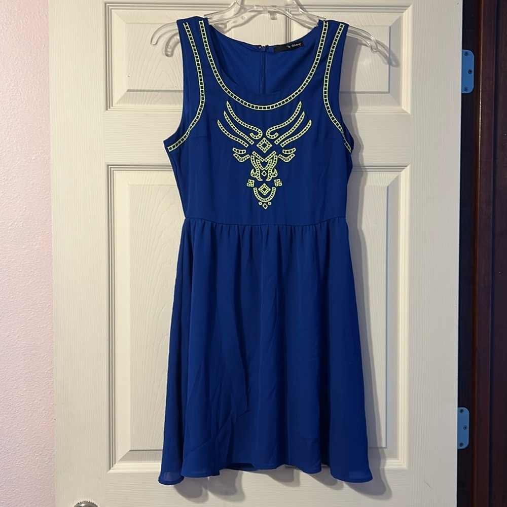Boutique Royal Blue Sleeveless Dress Embroidered Neon Green Small